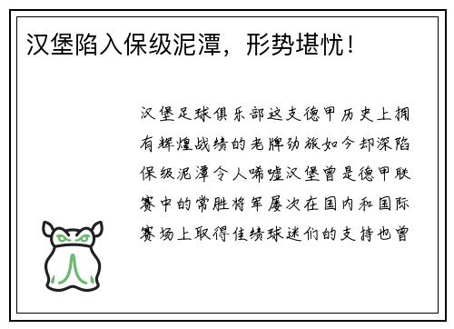 汉堡陷入保级泥潭，形势堪忧！